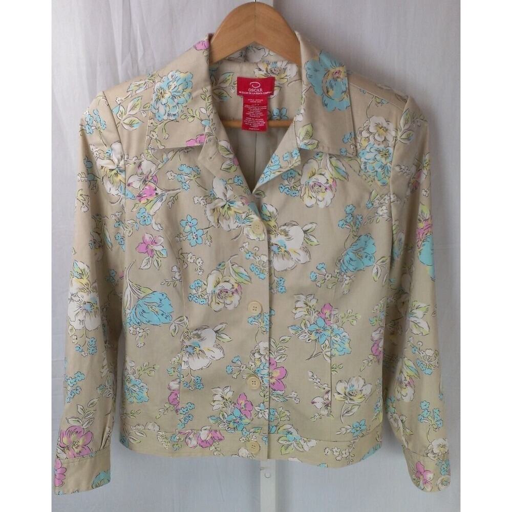 Oscar de la Renta Tan Watercolor Pink Blue Flowers Jacket Blazer sz 8